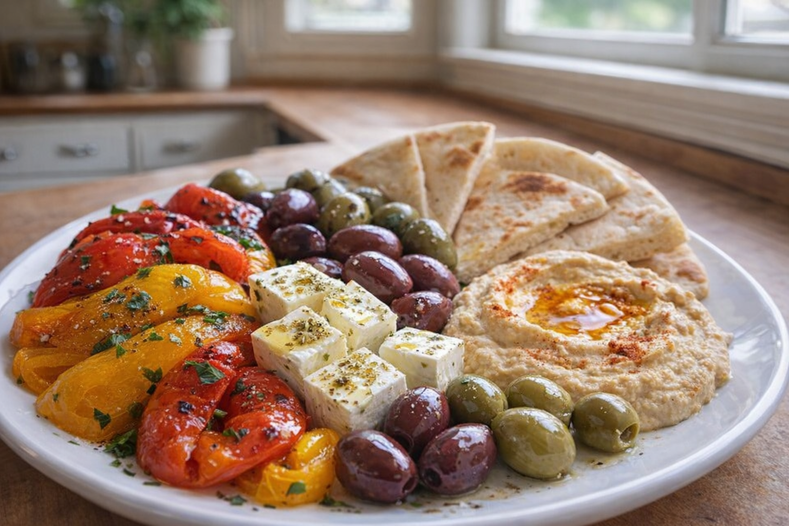 A close-up of a colorful Mediterranean platter featuring roasted bell peppers, olives, feta cheese, hummus, and pita bread, bright natural light
